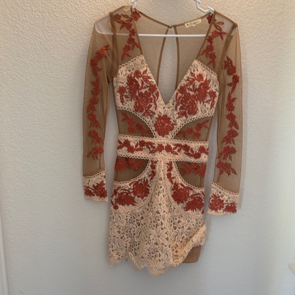 orange and Tan Embroidered Long Sleeve Dress